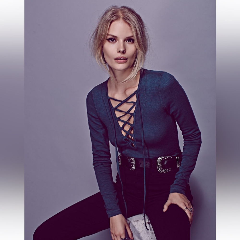 Free People Lucky Lace Up Teal Top size Small